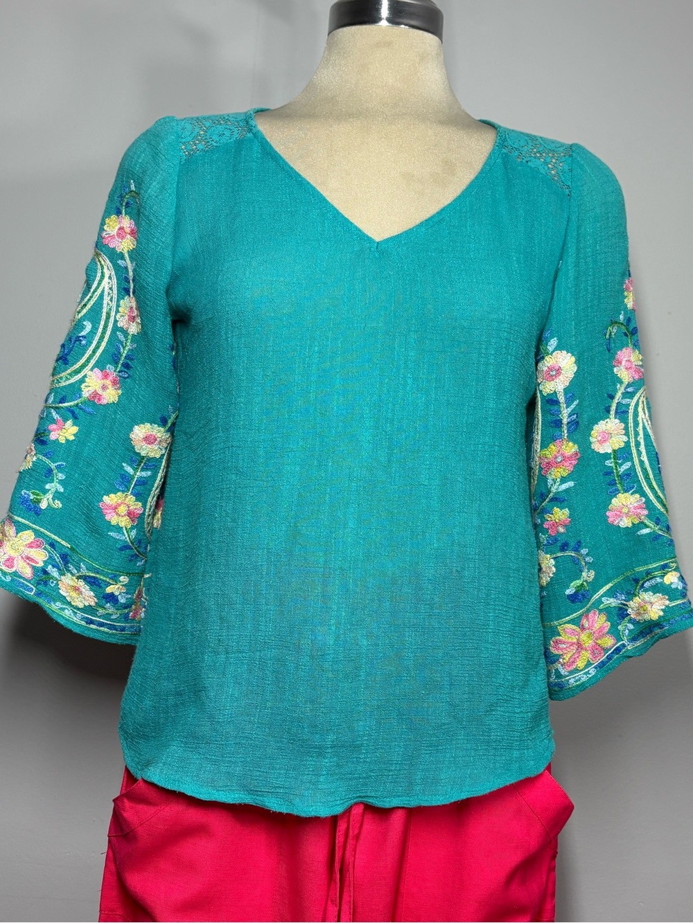 Embroidered Teal V-Neck Bell-Sleeve Blouse size S